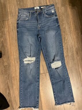 Kensie Distressed Straight-Leg Jeans - Medium Blue